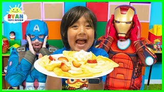 Ryan Pretend Play Cooks Breakfast for Avengers Superheroes [upl. by Rimaa]