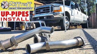 2001 F350 73  RiffRaff UpPipes Install  Stock up pipes leaking and falling apart JUNK SP [upl. by Shane487]